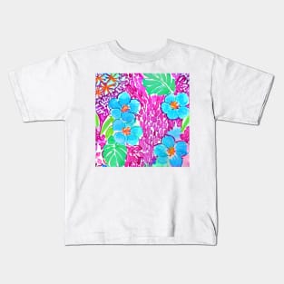 Pink and turquoise flowers and leaves preppy seamless pattern Kids T-Shirt